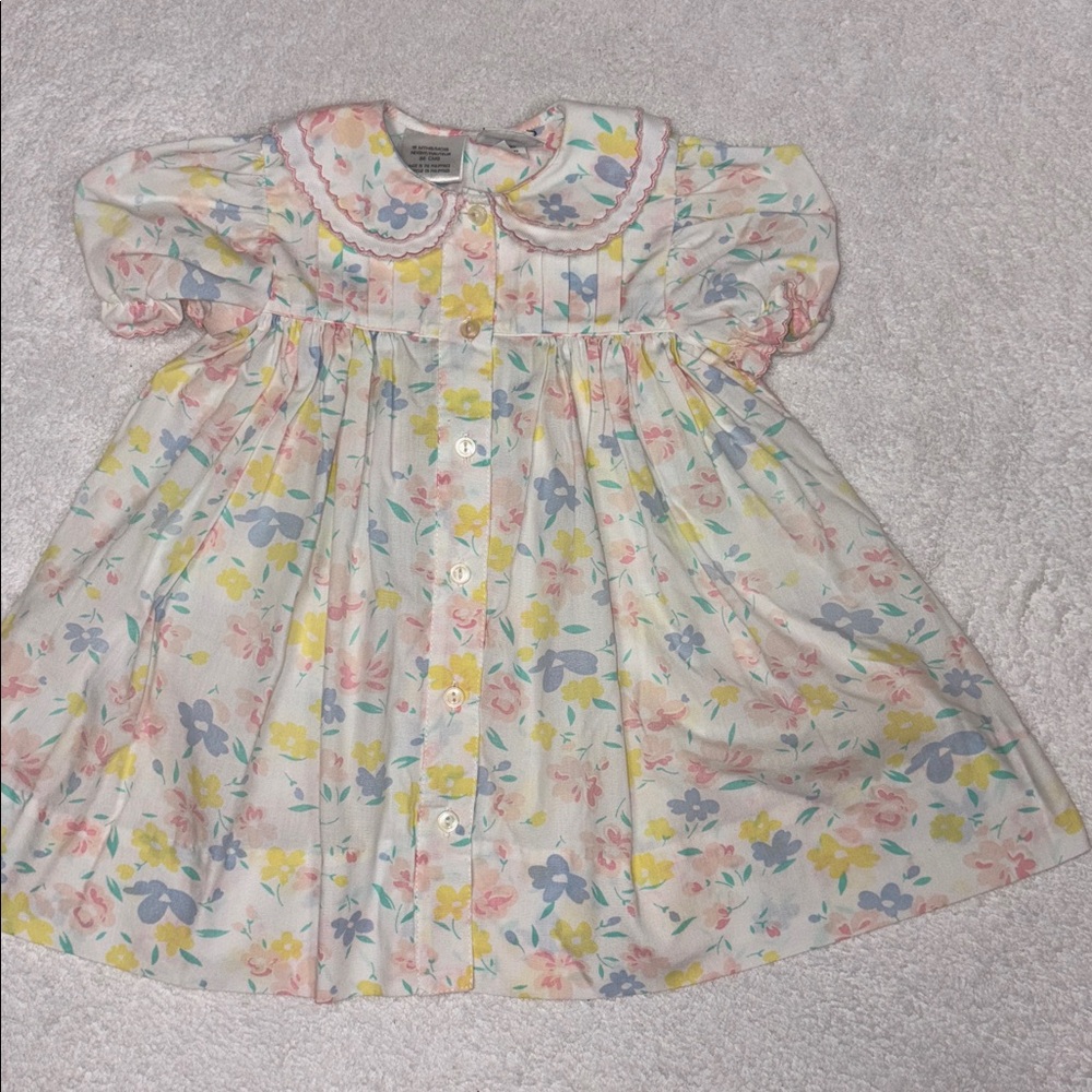 Vintage Sara Louise Pastel Floral Baby Dress button front double collar 18m